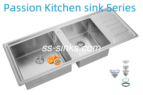 12050 手作りのキッチンステンレス鋼製ダブルボウルシンク、ドレインボード付き